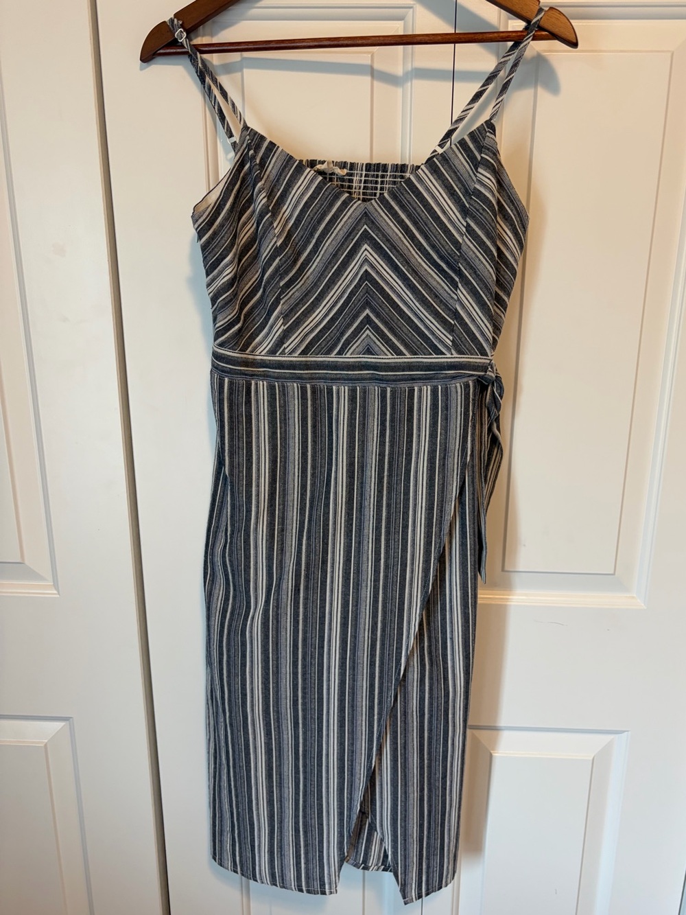 Navy & White Striped Wrap Midi Dress